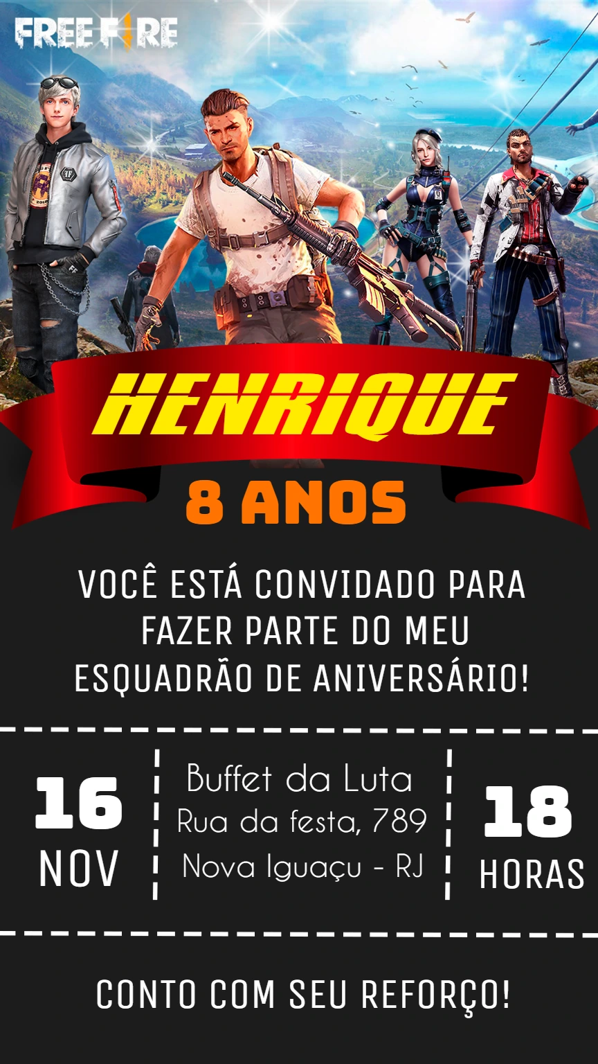 Convite de Aniversário Free Fire com Esquadrão para Editar