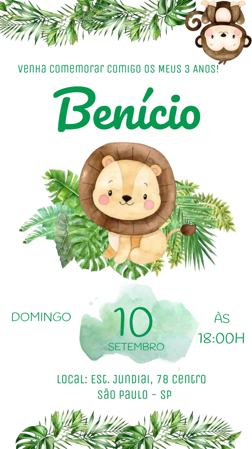 Convite Aniversário Safari com Animais Fofos para Editar Online