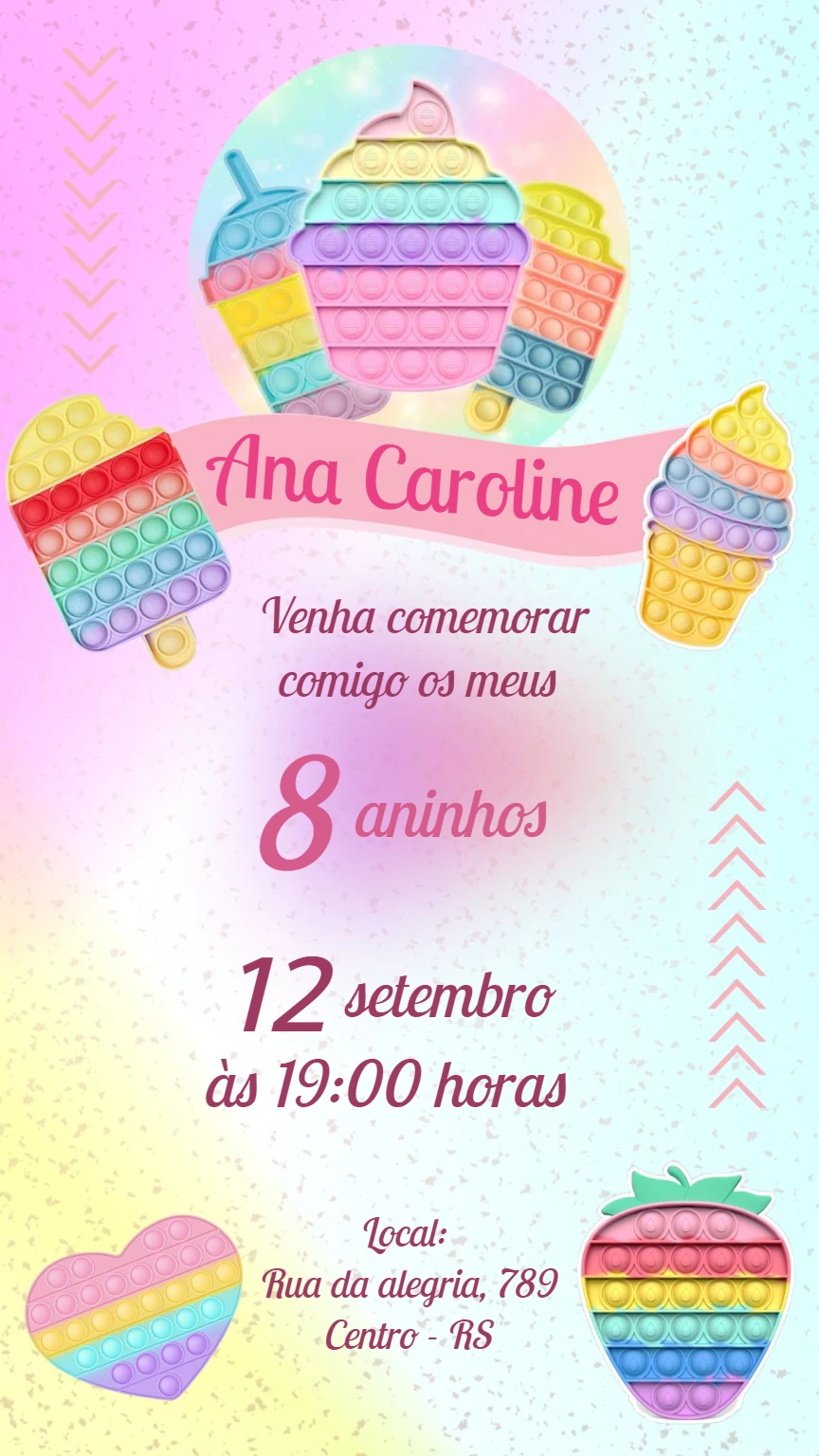 Convite Aniversário Pop It Candy Colorido para Editar Online