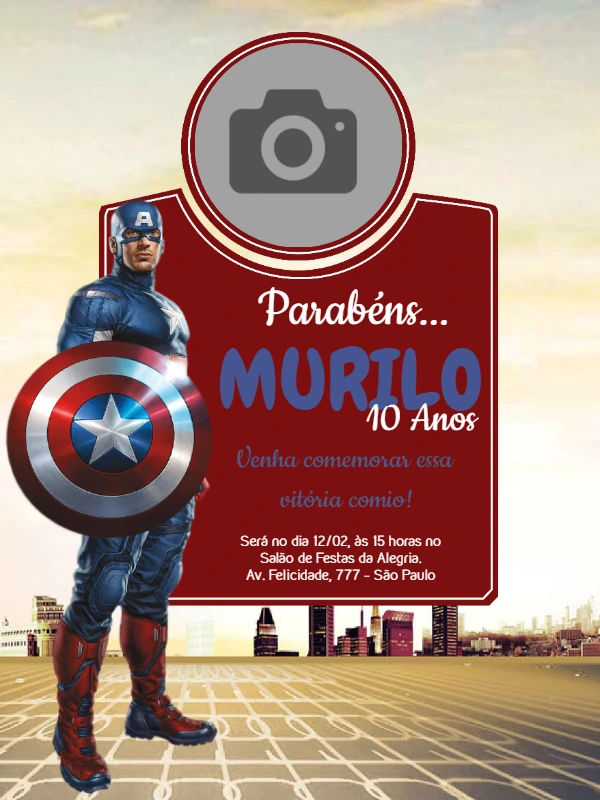Convite de Aniversário Capitão América com Foto para Editar