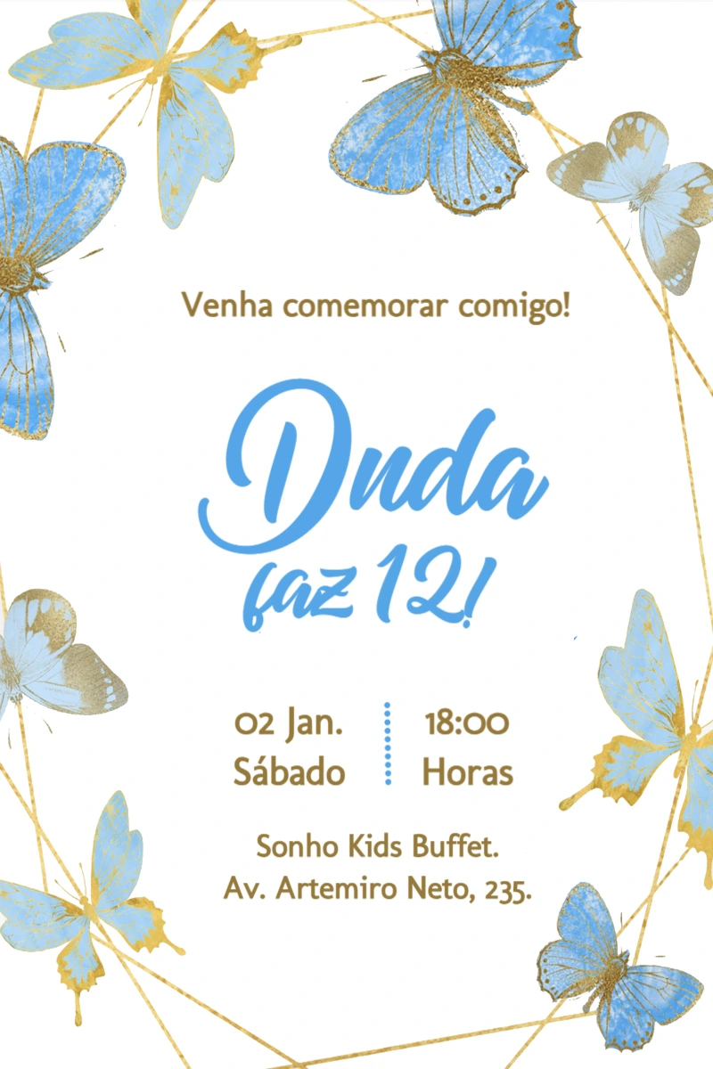 Convite de Aniversário Borboleta Azul e Dourada para Editar