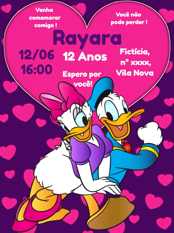 Convite Aniversário Margarida e Pato Donald para Editar Online