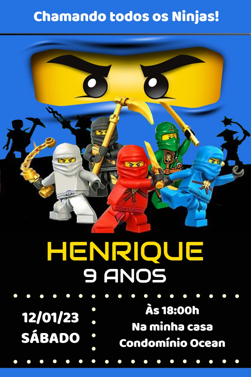 Convite de Aniversário Ninjago com Ninjas para Editar Online