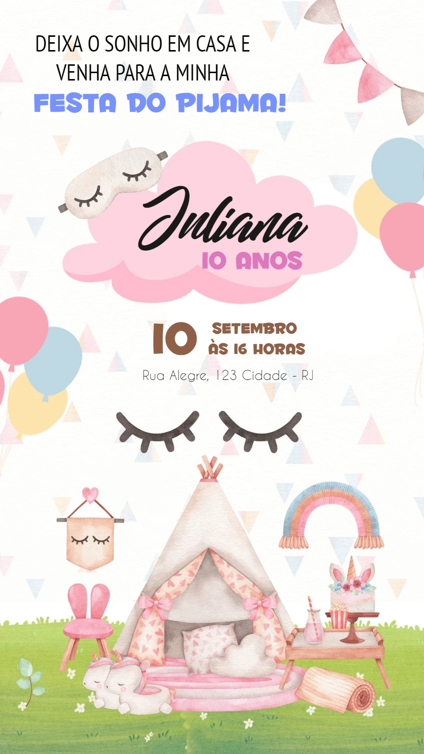 Convite Aniversário Festa do Pijama Menina para Editar Online