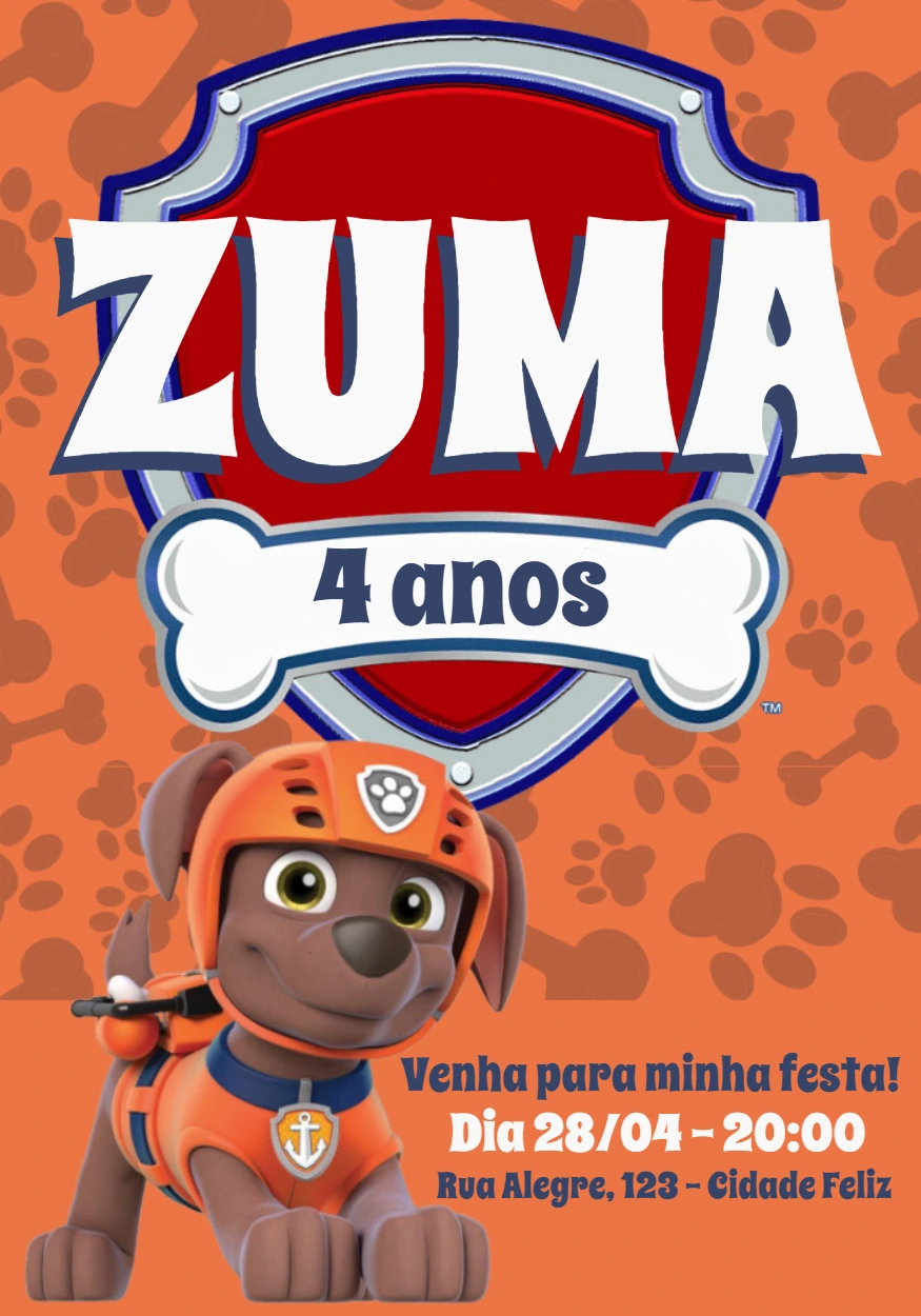 Convite Aniversário Patrulha Canina Zuma para Editar Online