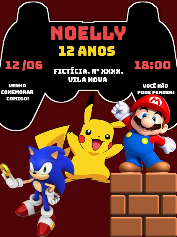 Convite Aniversário Gamer com Mario, Sonic e Pikachu para Editar