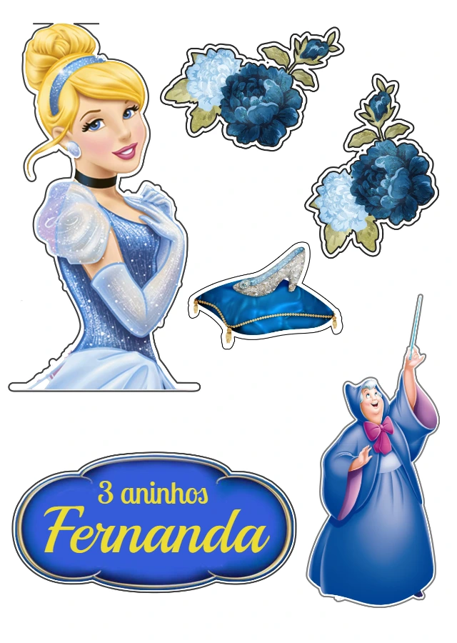 Topo de Bolo Cinderela com Personagens para Editar e Imprimir