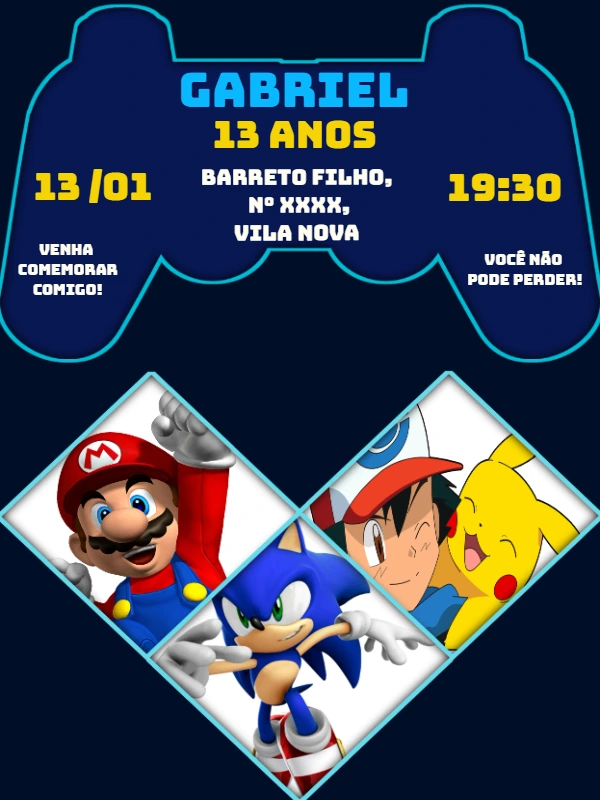 Convite Aniversário Gamer com Mario, Sonic e Pikachu para Editar