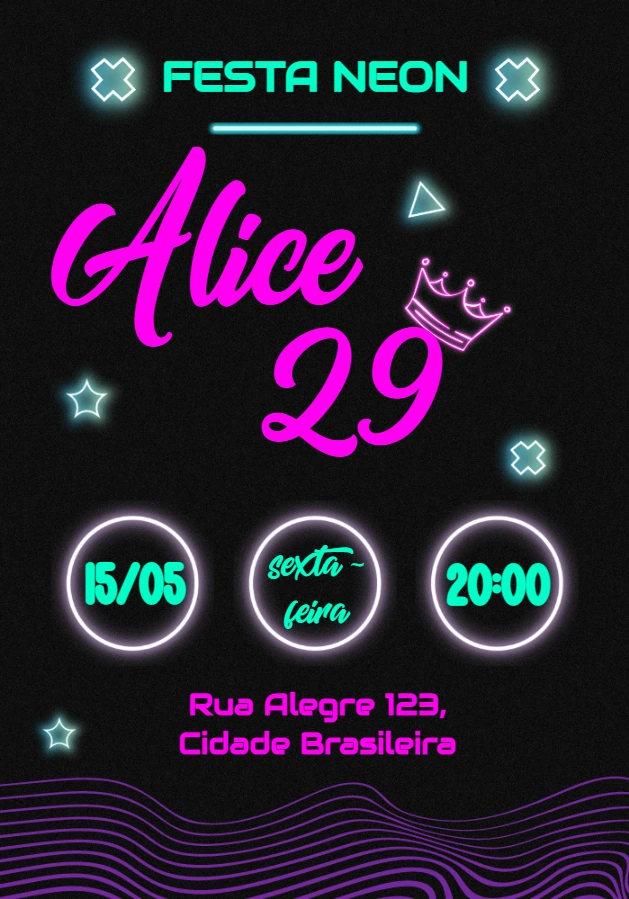 Convite de Aniversário Neon Editável para Festa Balada