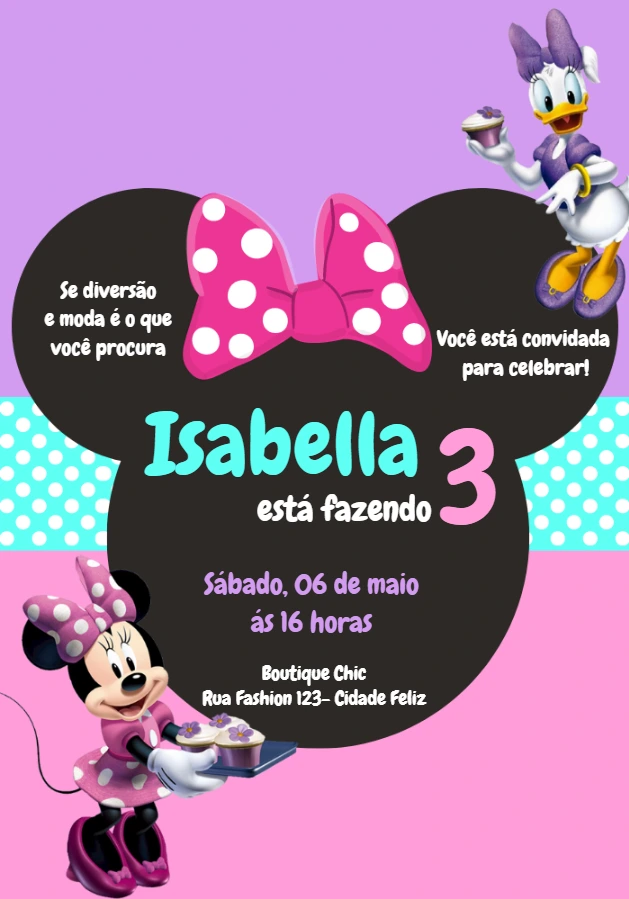 Convite de Aniversário Minnie e Margarida para Editar Online