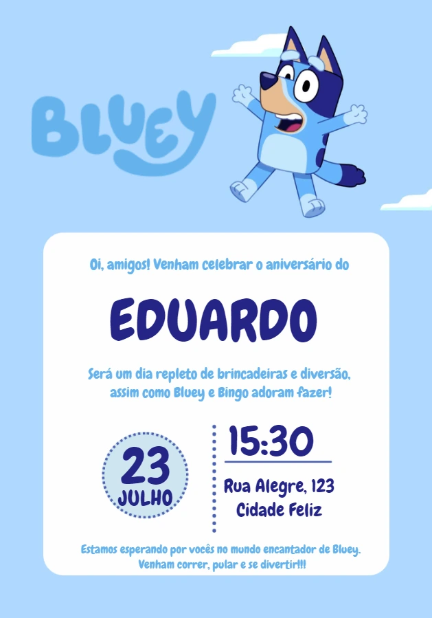 Convite de Aniversário Bluey e Bingo para Editar Online
