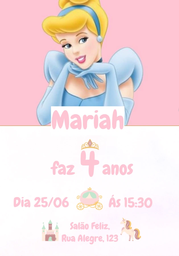 Convite de Aniversário Cinderela Editável Online