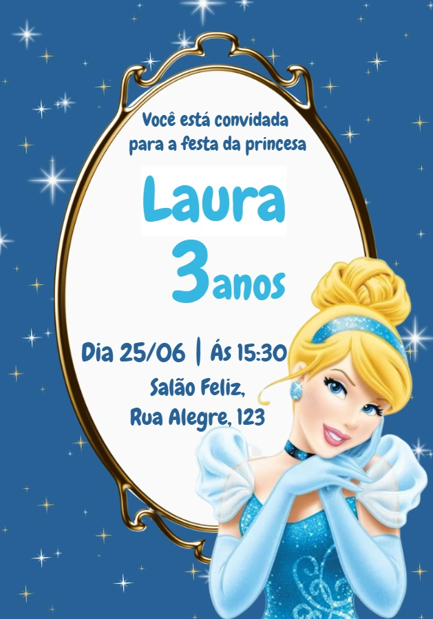 Convite de Aniversário Cinderela para Editar Online