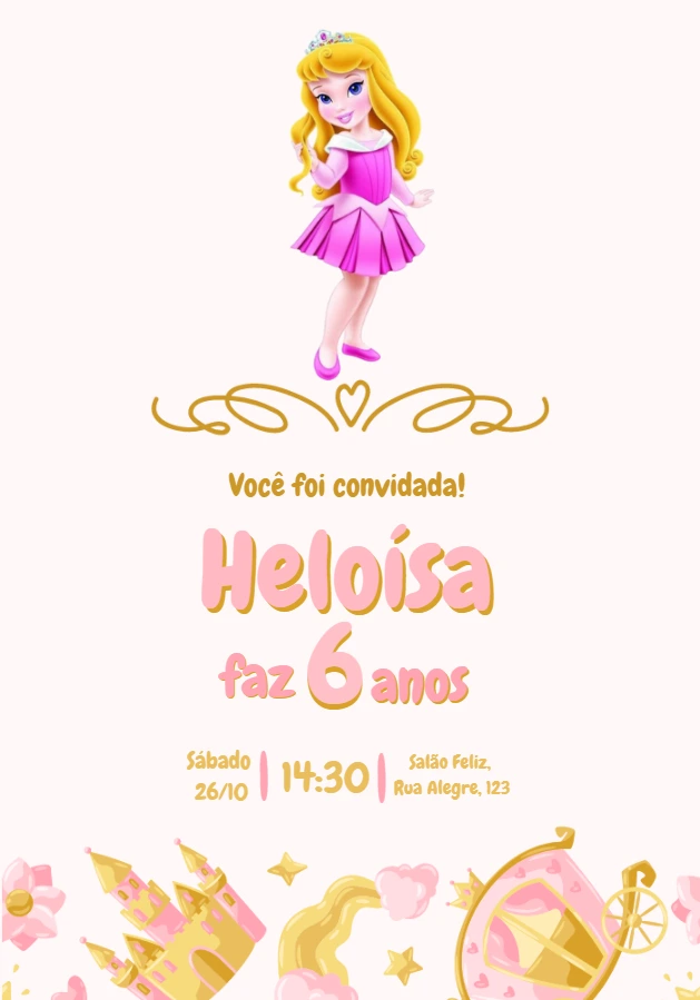 Convite de Aniversário Bela Adormecida para Editar Online
