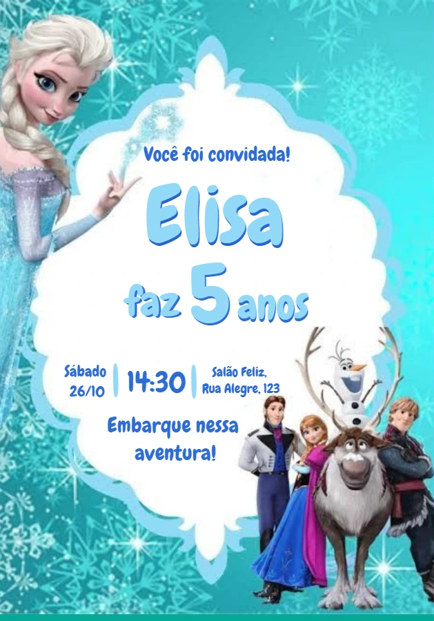 Convite Aniversário Frozen com Elsa e Anna para Editar Online