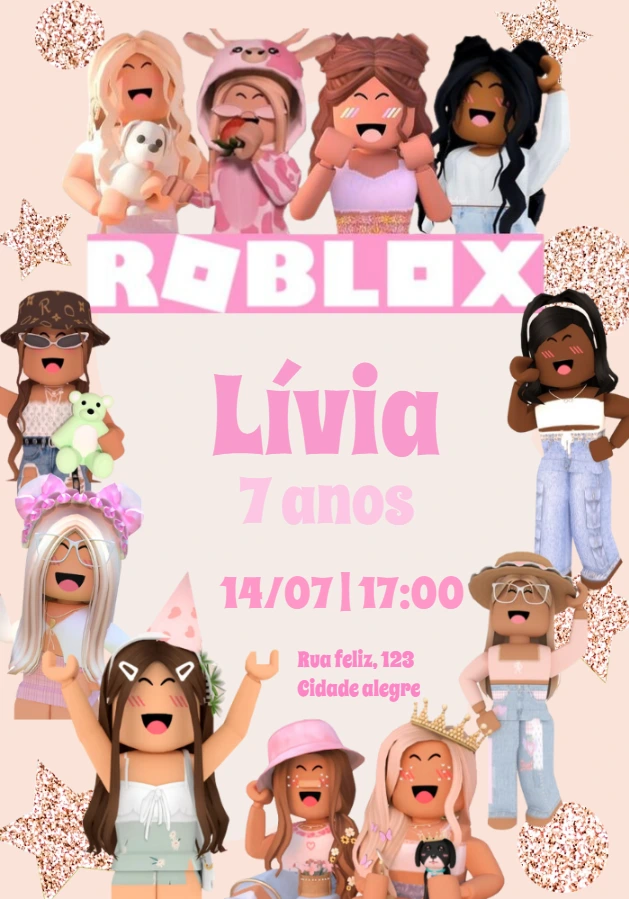 Convite Roblox Menina para Aniversário Editável Online