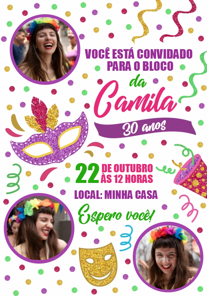 Convite de Aniversário Carnaval com Fotos para Editar Online