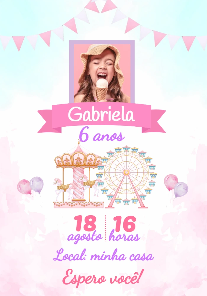 Convite Aniversário Parque de Diversões com Foto para Editar Online