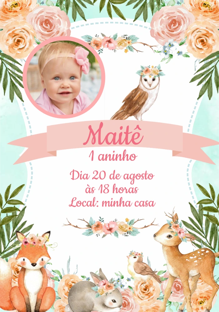 Convite Aniversário Bosque Encantado com Foto para Editar