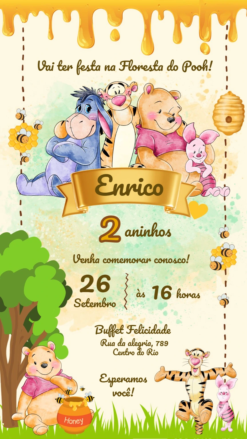 Convite Aniversário Ursinho Pooh Aquarela para Editar Online