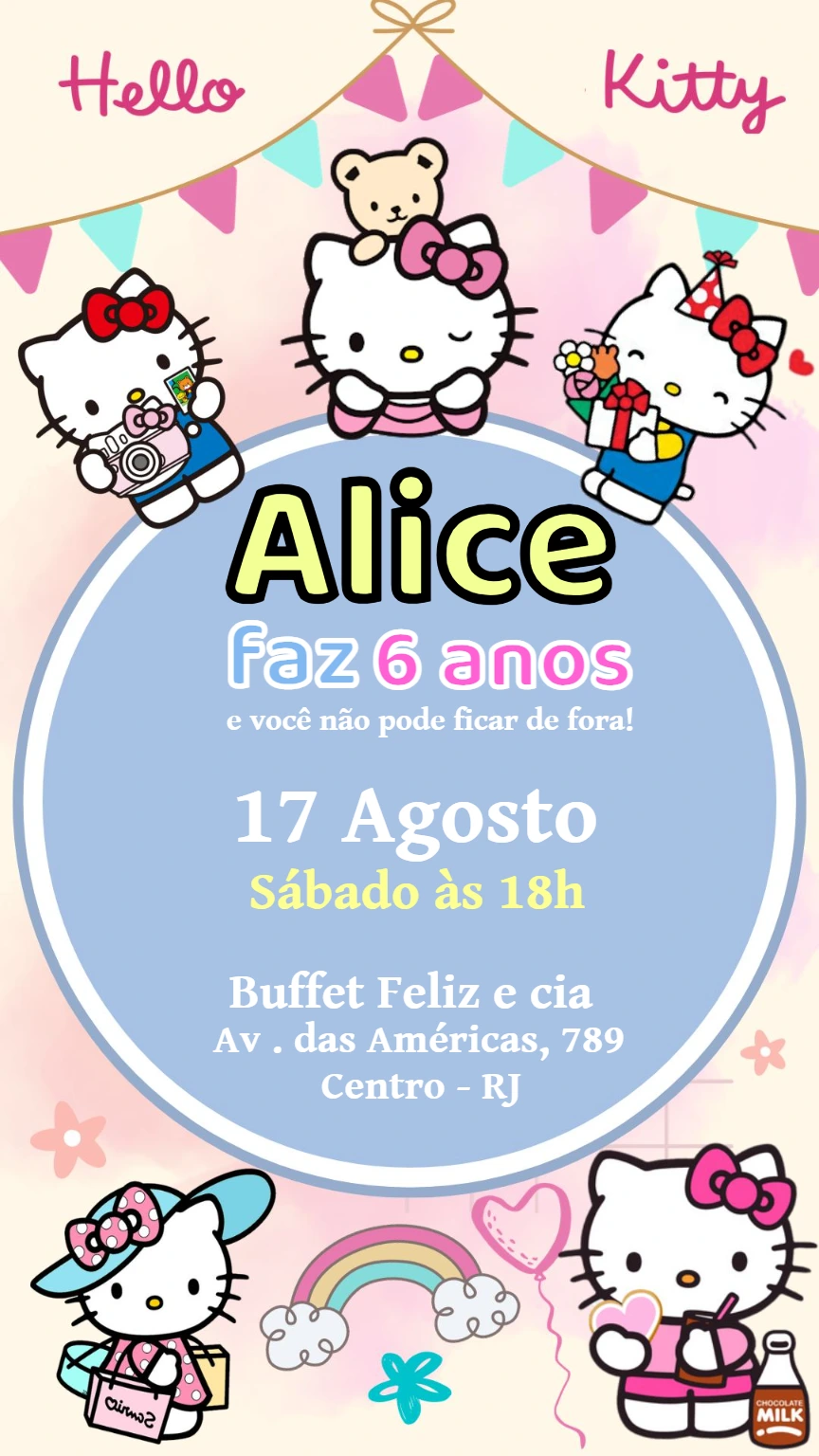 Convite de Aniversário Hello Kitty para Editar Online
