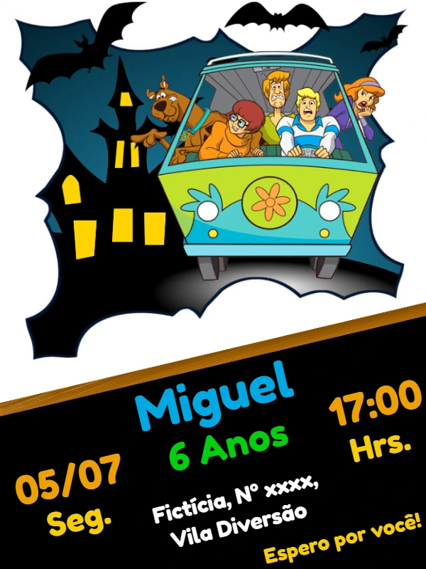 Convite de Aniversário Scooby-Doo com a Turma para Editar