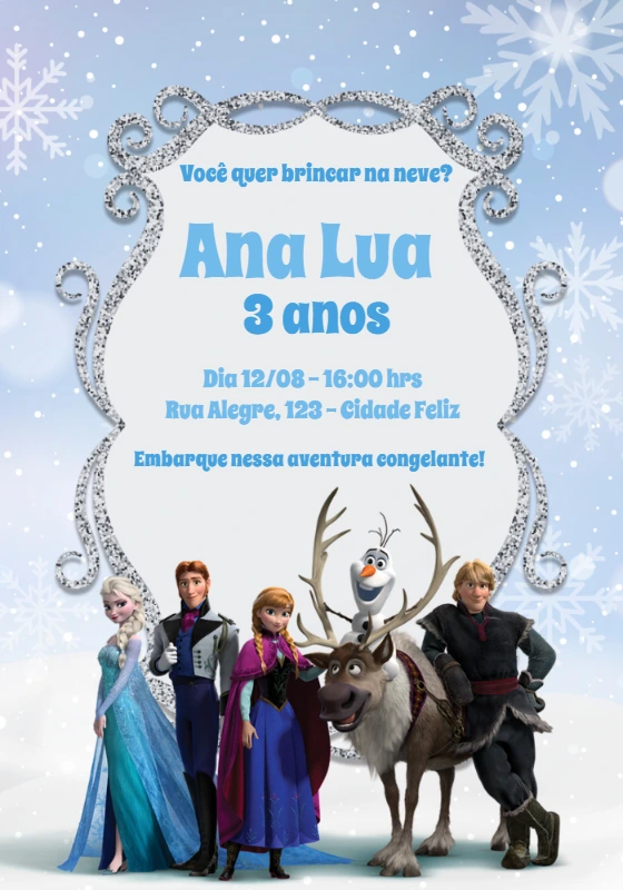 Convite de Aniversário Frozen com Personagens para Editar