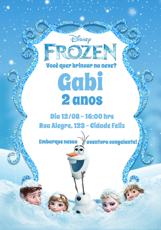 Convite de Aniversário Frozen com Personagens para Editar Online