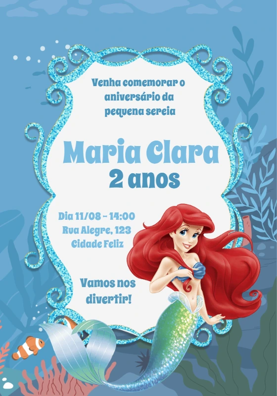 Convite de Aniversário da Ariel Pequena Sereia para Editar