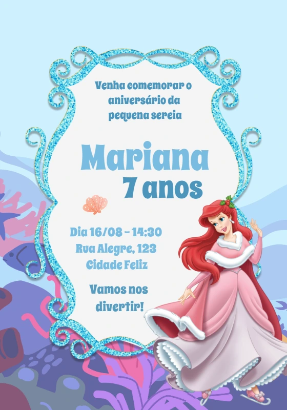Convite Aniversário Ariel Pequena Sereia para Editar Online