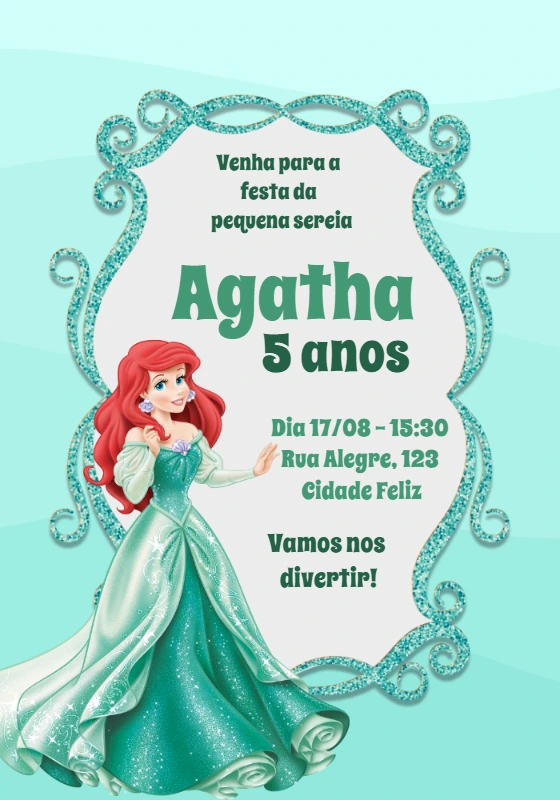 Convite Aniversário Pequena Sereia Ariel para Editar Online