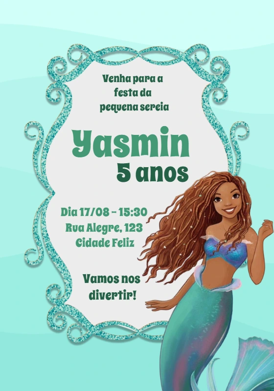 Convite Aniversário Pequena Sereia para Editar Online