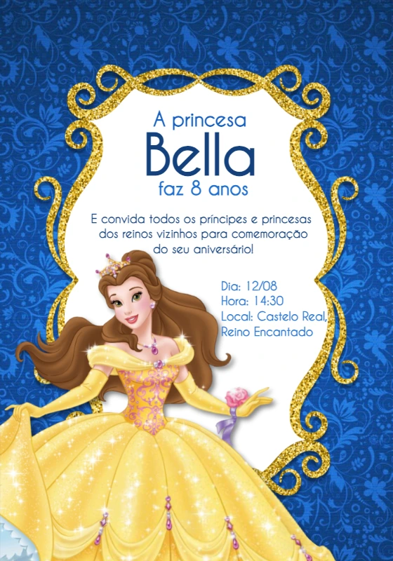 Convite Aniversário Princesa Bela Editável Online