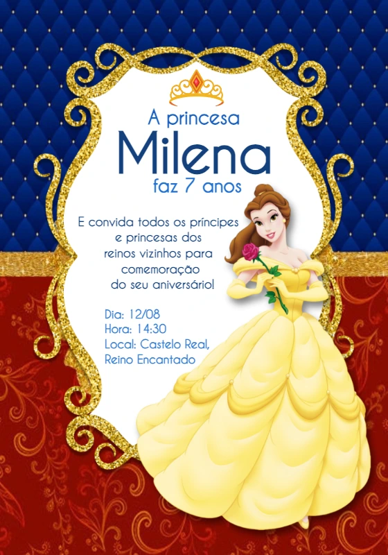 Convite Aniversário Princesa Bela para Editar Online