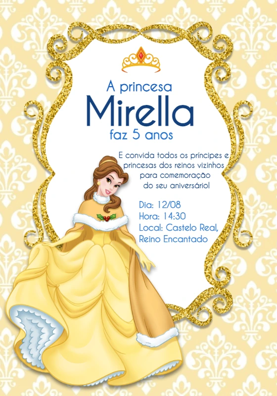 Convite de Aniversário Princesa Bela para Editar Online
