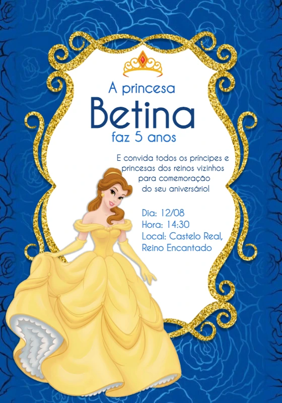 Convite de Aniversário Princesa Bela e a Fera para Editar