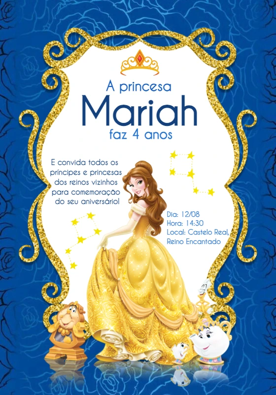 Convite de Aniversário da Bela e a Fera para Editar Online