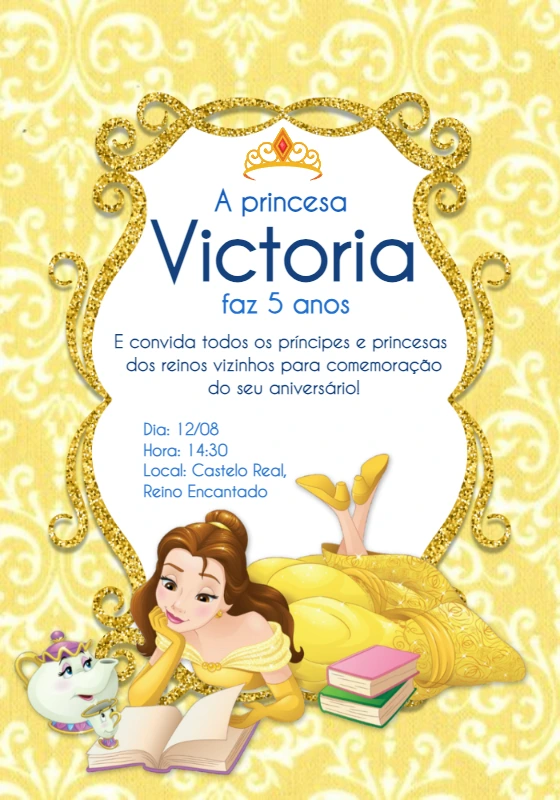 Convite de Aniversário Princesa Bela para Editar Online