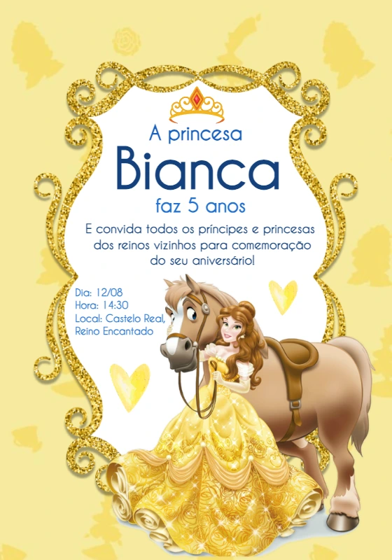 Convite de Aniversário da Princesa Bela Editável Online