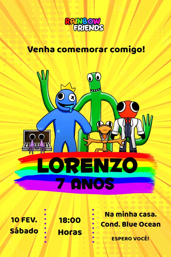 Convite de Aniversário Rainbow Friends para Editar Online