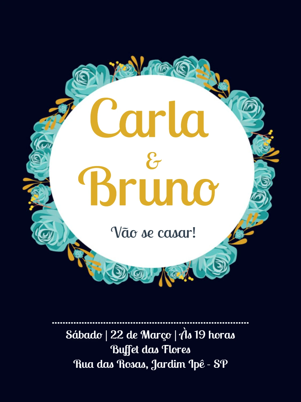 Convite de Casamento Floral Azul Marinho e Dourado para Editar