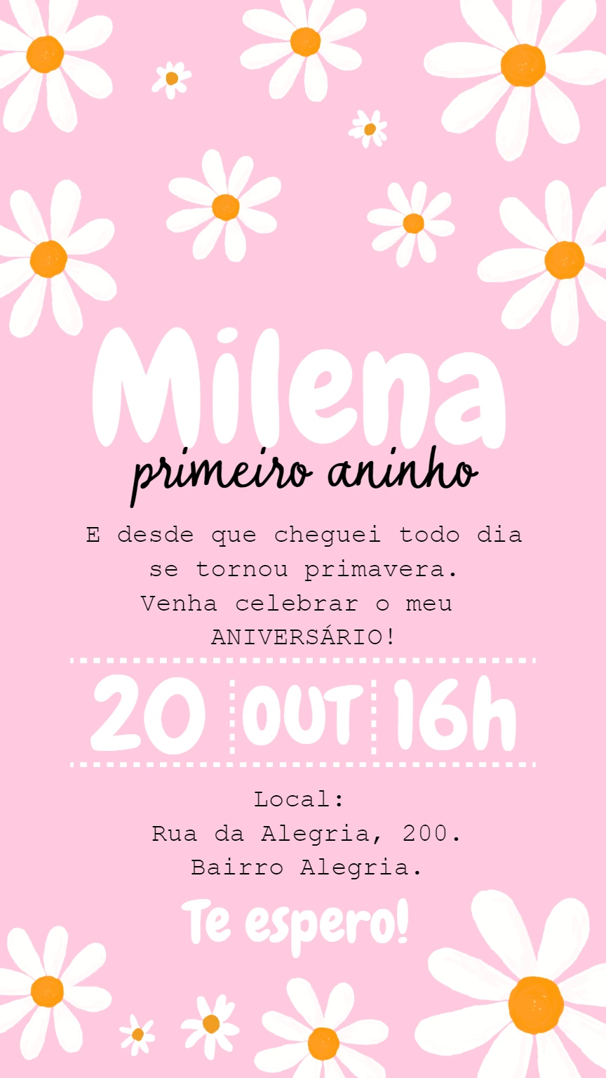 Convite de Aniversário Margaridas Rosa para Editar Online