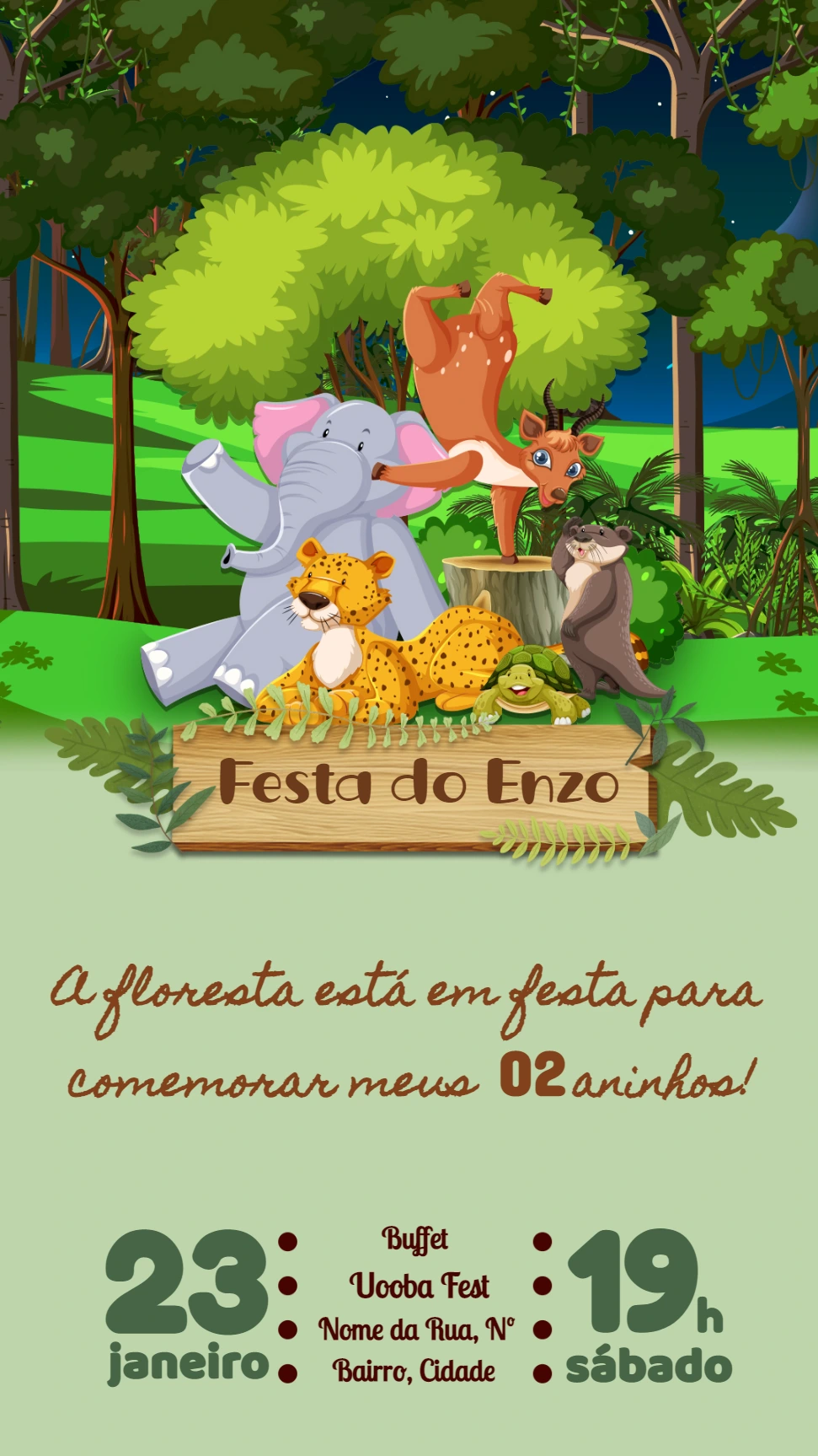 Convite de Aniversário Floresta com Animais para Editar Online