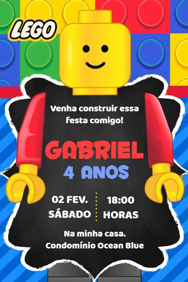 Convite de Aniversário Lego com Boneco para Editar Online