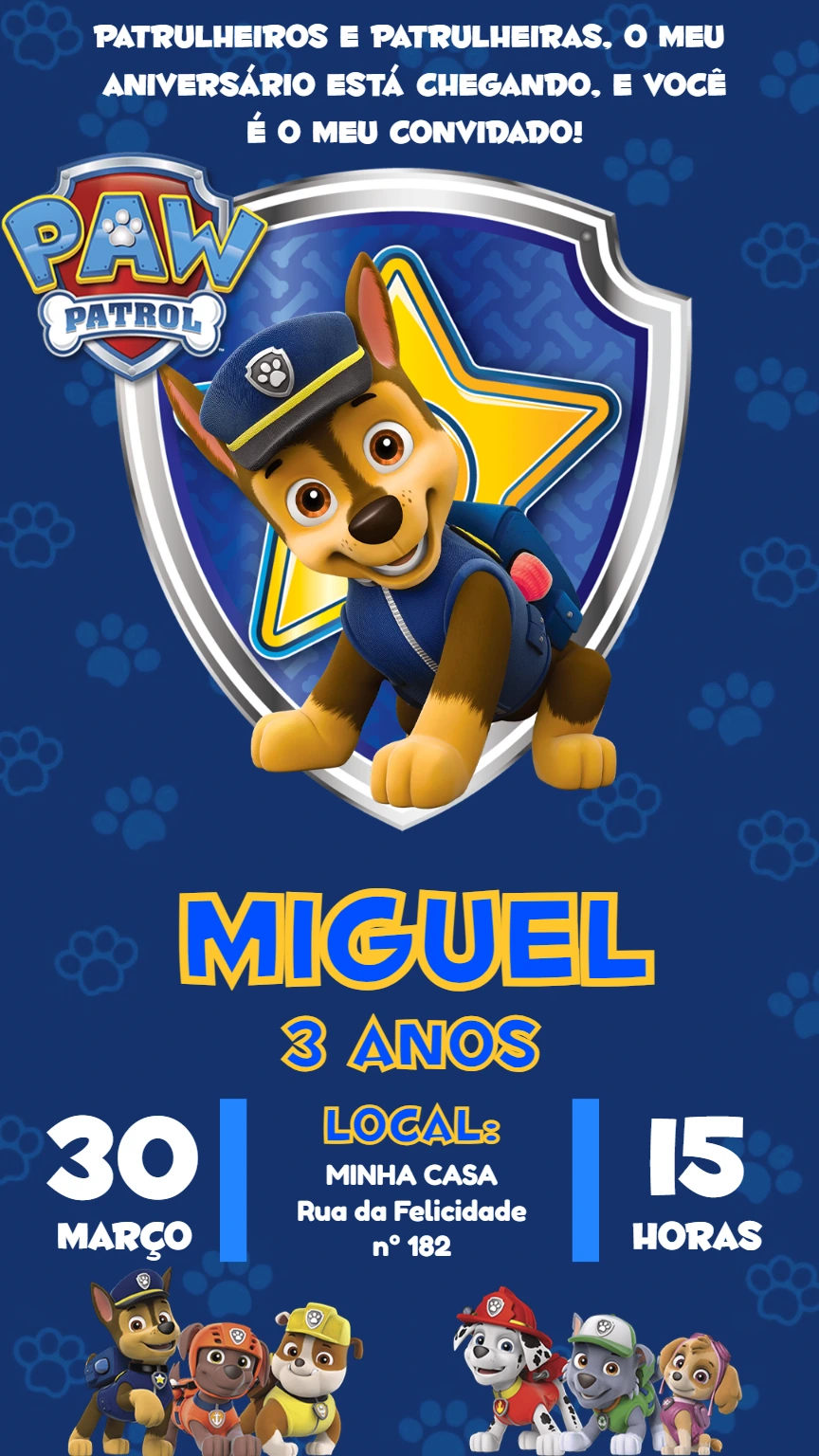 Convite Aniversário Patrulha Canina Chase para Editar Online