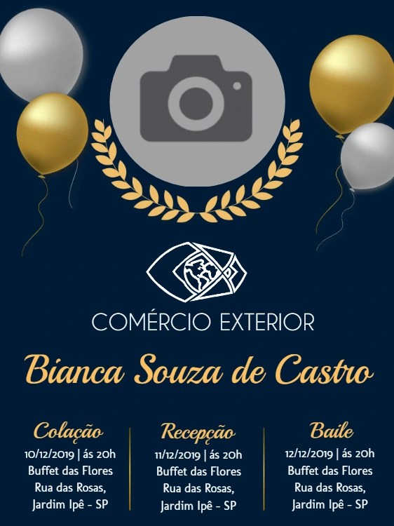 Convite de Formatura Comércio Exterior com Foto para Editar Online