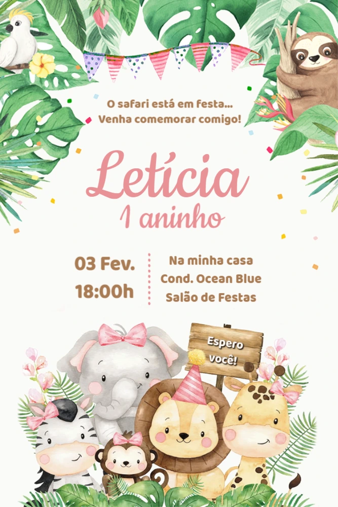 Convite de Aniversário Safari Rosa com Animais para Editar