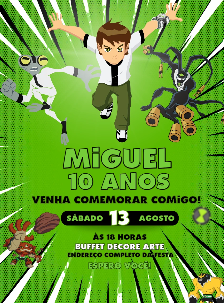 Convite de Aniversário Ben 10 com Aliens para Editar Online