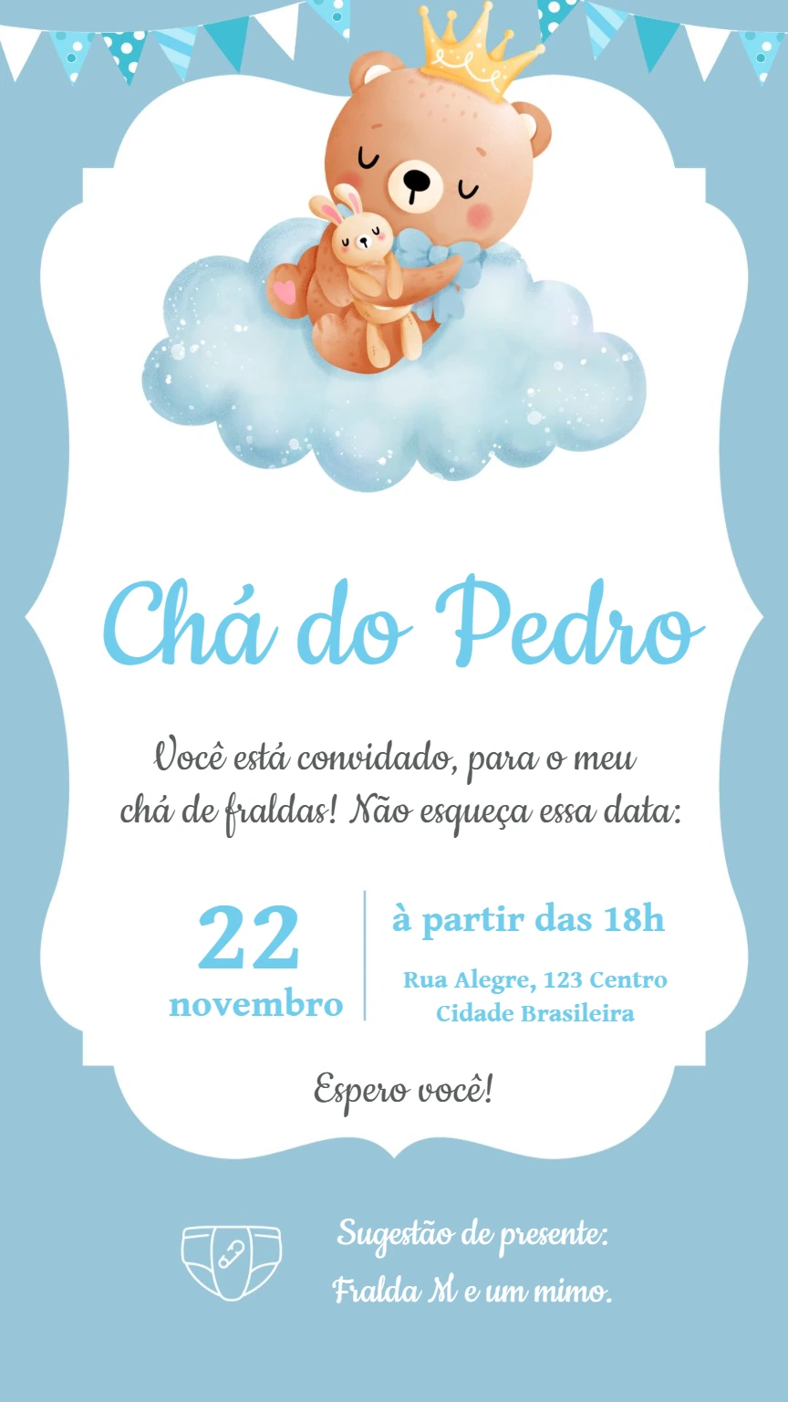 Convite Chá de Bebê Ursinho Príncipe Azul para Editar Online