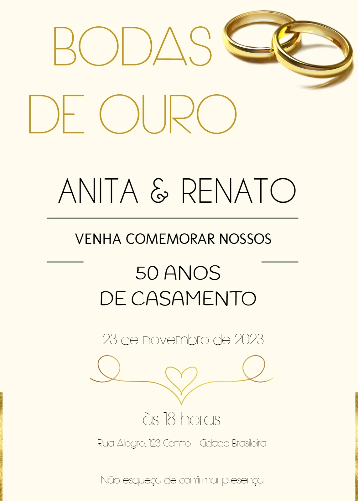 Convite Bodas de Ouro Dourado Elegante para Editar Online